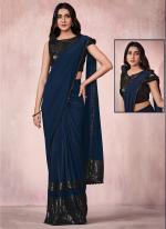 Lycra Navy Blye Wedding Wear Embroidery Work Ready To Wear Saree